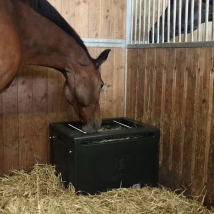 Paard op stal eet uit groene slowfeeder hooibak. 