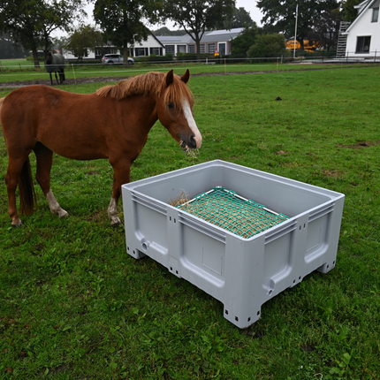 Pony eet hooi uit grijze XXL slowfeeder met lage bak