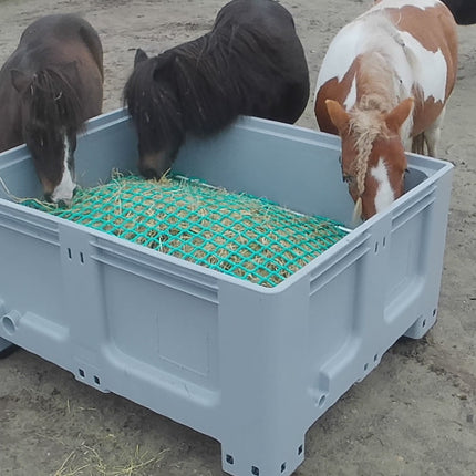 Pony's eten uit verlaagde slowfeeder XXL bak gevuld met ruwvoer met knooploos net